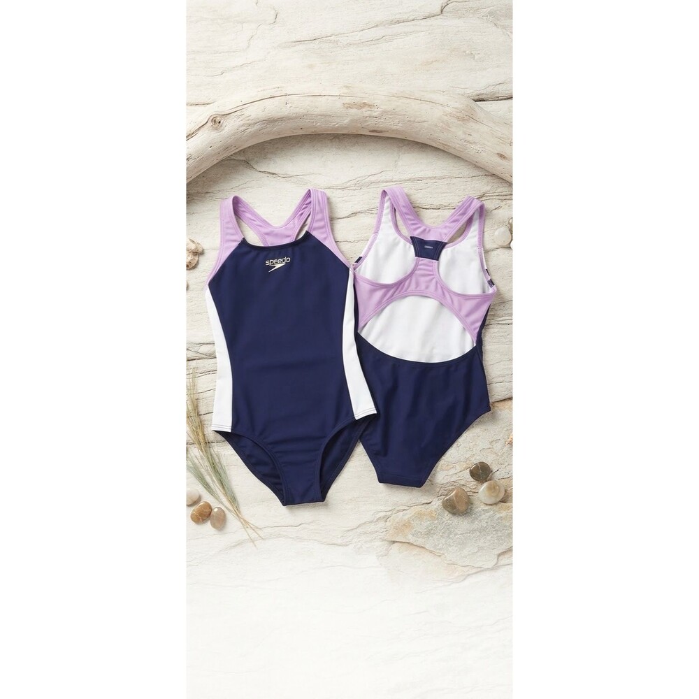 Speedo Girls Infinity Splice One Piece Swimsuit Navy Purple White Size 12